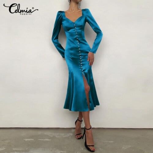 Celmia Elegant Satin Dress Women Summer Sexy V Neck Long Sleeve Slit Shirt Sundress Casual Button Party Work Vestidos Plus Size