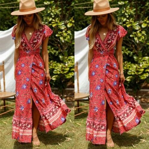 Summer 2019 Women Floral Boho Midi Dress Short Petal Sleeve Lace Up Evening Party Holiday V Neck Beach Dresses Vestido
