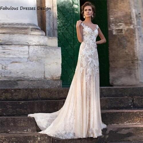 Perspective O Neck Backless Wedding Dress Applique Lace 2021 Long A Line Sweep Train Tulle Bridal Gown Chic Vestido de Novia