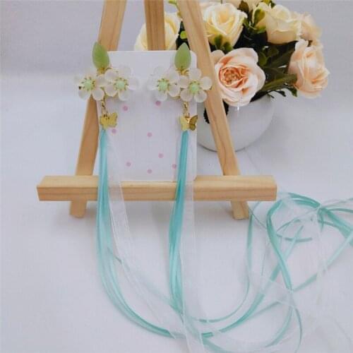 1 pair Girls Ancient Hanfu Accessories Chinese Style Long Ribbon Tassel Flower Headdress Childrens Hair Decor Gift