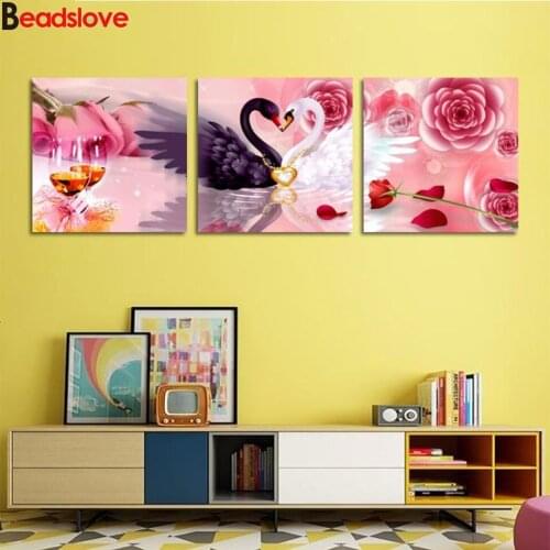 3 pieces Diamond Mosaic Swan and Pink Roses Diamond Painting Animal DIY Full drill Diamond Embroidery Rhinestone Home Decoration