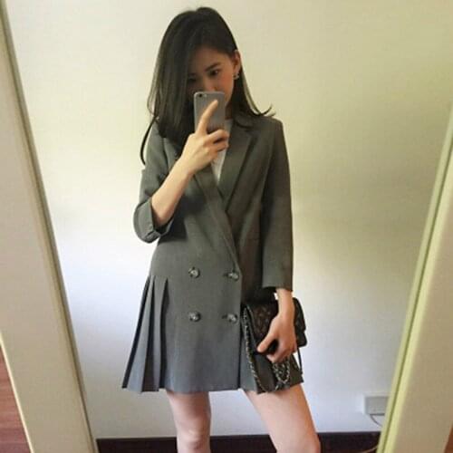 Elegant Vintage Party Dresses Women Office Formal Blazer Dress Suits Gray Notched Collar Long Sleeve Pleated Suit Work Dress