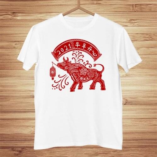 New Chinese year of the ox paper-cut window grill style Men t-shirt Summer Fashion Womens t-shirts Comfortable 100% cotton