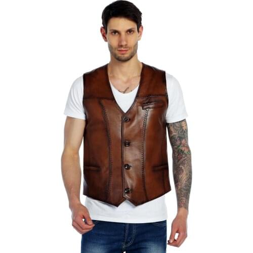 Genuine Soft Leather Handmade Brown Man Vest Biker Style High Quality Lambskin Button Autumn Winter Gift For Valentines day
