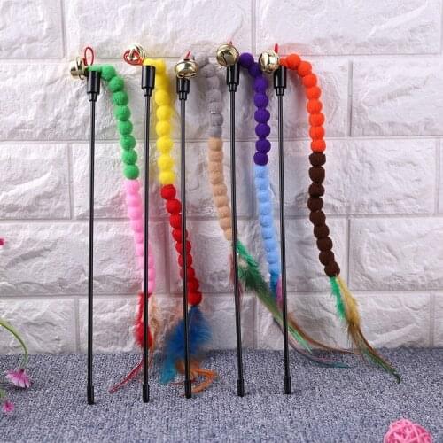 Cat Teasing Stick Colorful Pom Pom Feather Wand Funny Kitten Teaser Rod Toys for Household Animals Cats Entertainment Pet Supply