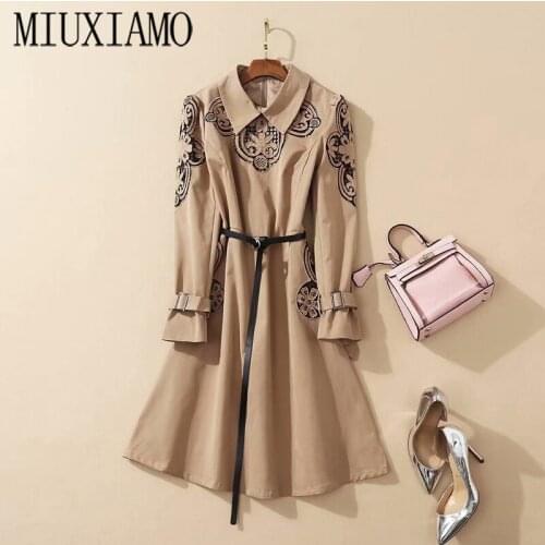 MIUXIMAO High Quality 2020 Office Lady Spring dress Casual Full Sleeve Flower Gry Embroidery dress Women vestidos With belt