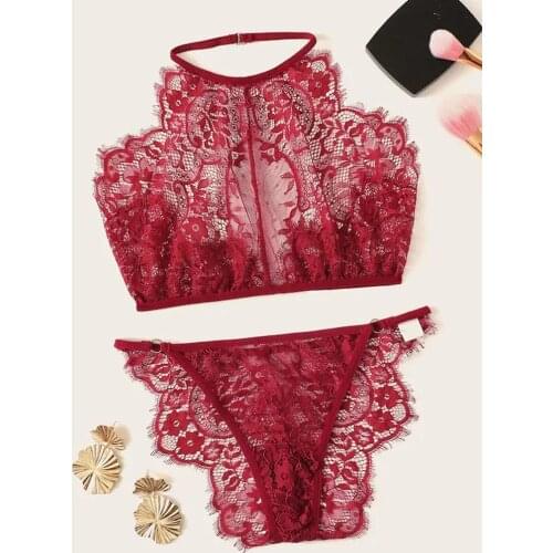 Fashion Sexy Autumn Women Bra Set Soft Lace Halter Backless Solid Bra Thong Ladies Sleepwear Underwear Lingerie Set S-2XL femme
