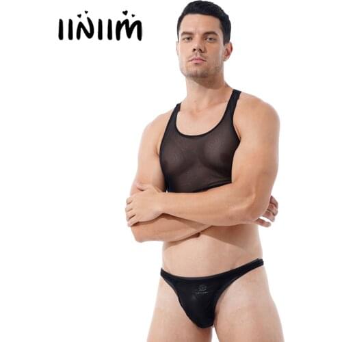 Mens See-through Mesh Erotic Sexy Lingerie Suit Swimwear Two-piece Sleeveless Cropped Tank Top with Low Waist Thongs Briefs