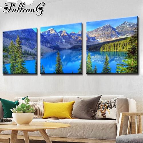 FULLCANG 5d diy diamond embroidery Natural mountain lake scenery triptych painting full square round mosaic pattern kit FC2768