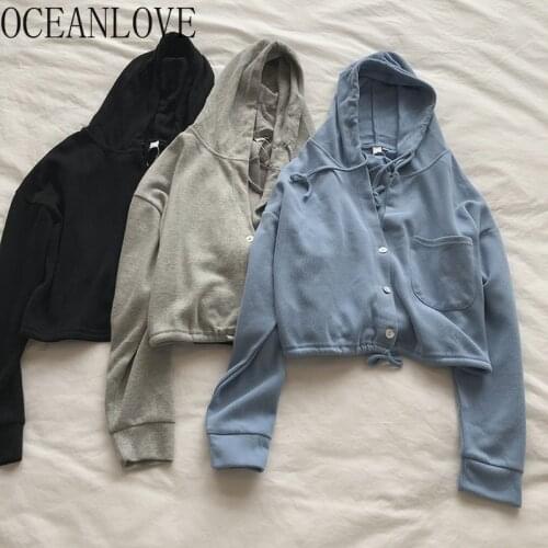 OCEANLOVE Fashion Short Hoodies Solid Autumn 2020 All Match Zip-up Moletom Long Sleeve Casual Sweatshirt Women Pocket 17612