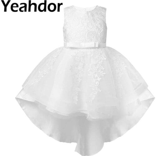 Flower Girls Dresses White Wedding Birthday Party Princess Prom Sleeveless Lace Dress Embroidered High-Low Hem Tutu Mesh Dress