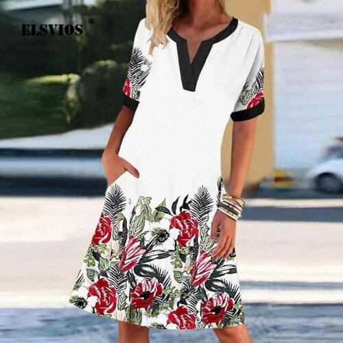 Casual Plus Size Dresses Spring Women Vintage Floral Print Short-sleeve Dress 2021 New Summer Ladies Elegant V Neck A-line Dress