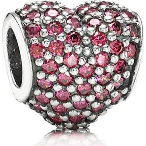 Pave Heart Charm for Women Bracelet Bangle Pave Red CZ Bead Girl Gift Authentic S925 Silver DIY Jewelry