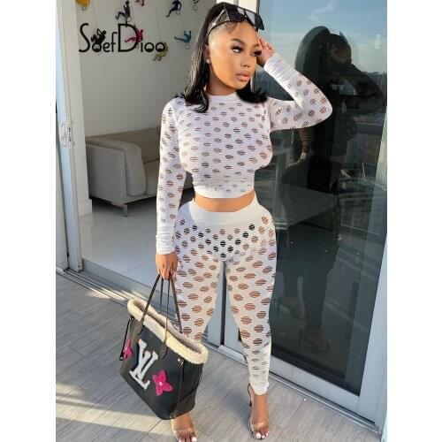 Soefdioo Sexy Two Piece Set Women Solid Hollow Out See-Through Crop Top Pencil Pants Matching Fall 2021 Party Night Club Outfits