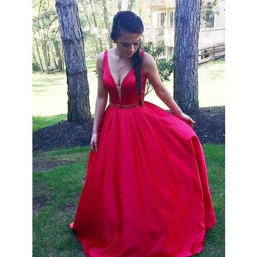 V-Neck Evening Dresses Red A-line Sweep/Brush Floor length Party Dresses Beading Sleeveless high quality Fashion Party Gowns