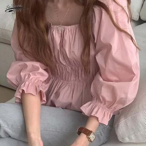 Korean style slim top ladies fashion pink pleated shirt, square collar pleated puff sleeve blouse autumn 14061