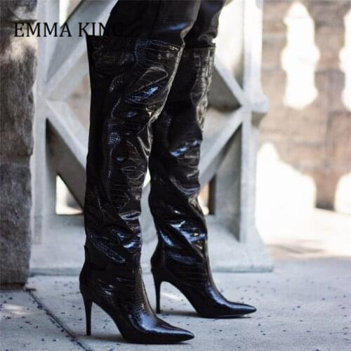 Winter Fall Women Long Boots Black Crocodile Pattern Leather Over The Knee Boots Pointed Toe High Heels Thigh High Boot De Mujer