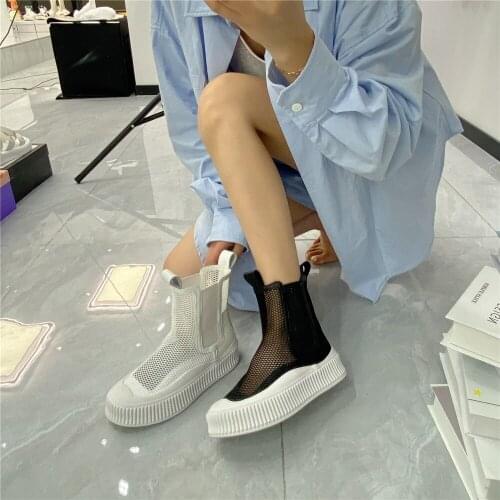 Mesh Breathable Hollow Platform Thick Sole Martin Boots Women 2021 New Summer Black Thick Heel British Style Chelsea Short Boots