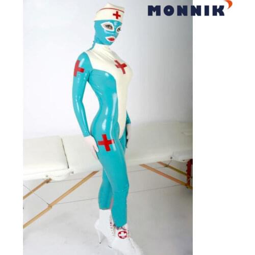 MONNIK latexSexy Latex Catsuits Woman Full Cover Rubber Nurse Docotor Uniform with Hat Club