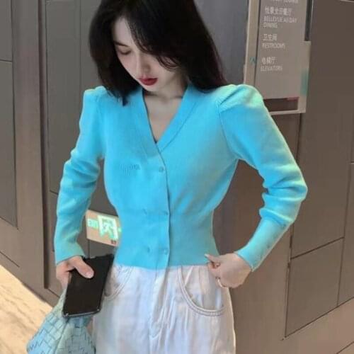 Lucyever Korean Double Breasted V-neck Sweater Women Fashion Slim Fit Knitted Sweaters and Pullovers Woman Puff Sleeve Crop Tops