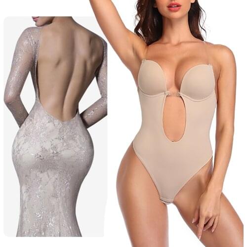 Women Backless Shapewear Bodysuti Shaper Sexy Lace Smooth Plunge Body Briefer V-Neck Strapless Backless Bodysuit for Wedding