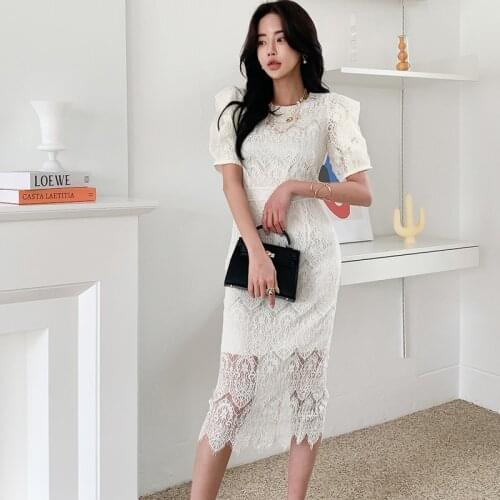 Women Summer Short Sleeve Bodycon Package Hip Hollow Out Lace Dress 2021 Women Clothes Office OL Work Party Dresses