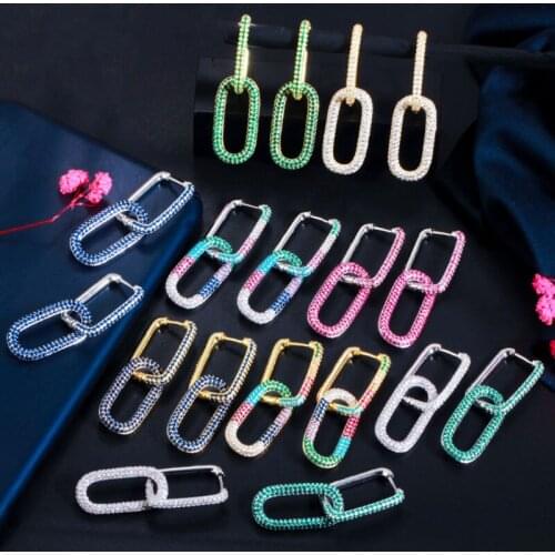 Zlxgirl New Arrival Elegant Geometric Dangle Dropping CZ Rectangle Charm Long Hoop Copper Earrings for Women wedding accessory