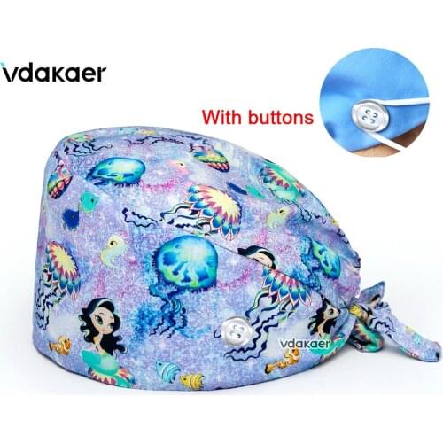 100% cotton adjustable scrub caps High Quality beauty salon work hat Tie back Elastic pet grooming cap nurses hats for women