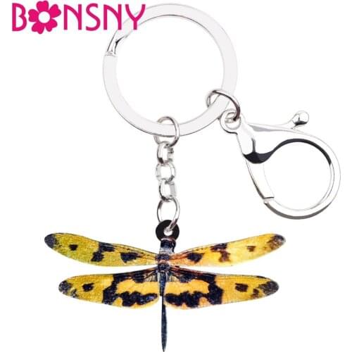 Bonsny Acrylic Spotted Yellow Dragonfly Insect Key Chains Keychains Rings Trendy Jewelry For Women Girls Handbag Purse Charms