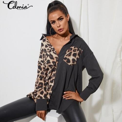 Celmia Women Loose Vintage Blouse Sexy Leopard Print Shirts 2021 Autumn Casual Long Sleeve Top Tunic Asymmetric Plus Size Blusas