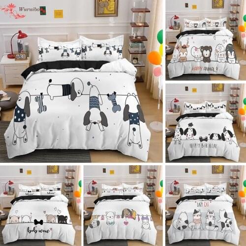 Cute Cat Puppy Dog Bedding Set Animal Duvet Cover with Pillowcase Bedclothes Twin/Queen/King Size Bed Room For Kids Bedding Gift
