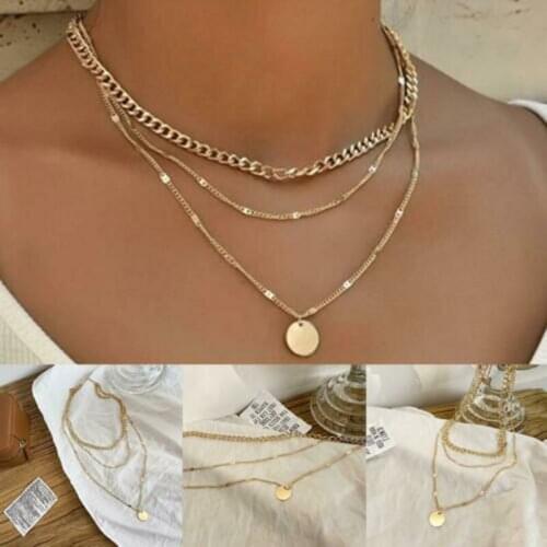 Hot Vintage Multilayer Necklace with Round Plate Decor Plated Alloy Neck Pendant Choker Jewelry Gift for Women Golden NOV99