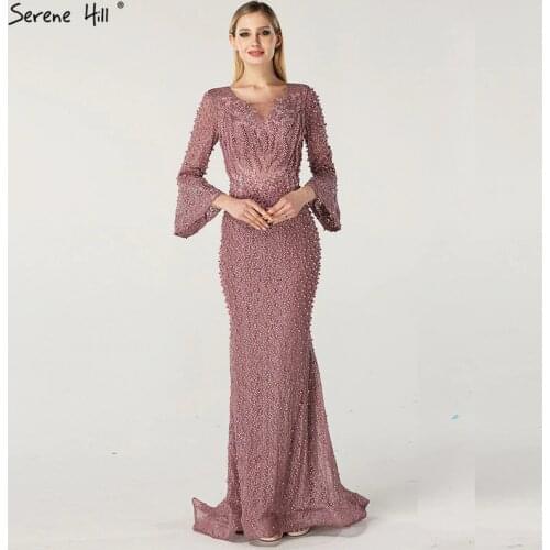 Muslim Pink Luxury Long Sleeves Evening Dresses Pearls Crystal Lace Formal Gowns 2020 Dubai Serene Hill Plus Size BLA60813