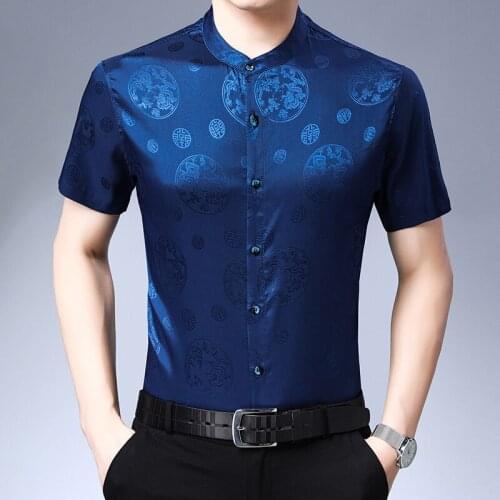Male Silk Shirt Summer Mandarin Collar Clothes Fashion Pattern Shirt Short Sleeve