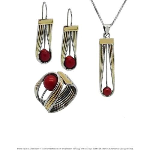 Silver Natural Coral Stone Women Set Jewelry