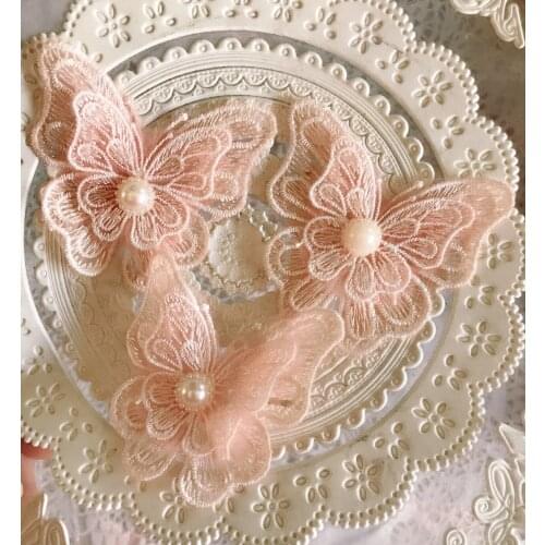 Butterfly Patches 10pcs 7.2*7CM Nude Pink Ivory 3D Beade Organza Embroidery Lace Appliques L14C3