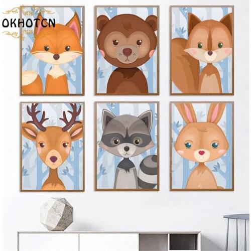 Nordic Baby Room Wall Art Decoration Cartoon Animals Posters Fox Bunny Bear Raccoon Deer Canvas Painting Modern Home Decoration