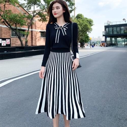 New 2019 Autumn Winter Bow Lace Up Long Sleeve Pullovers Sweater Top+Elastic Striped Pleated Knitted A Lin Skirt 2 Piece Sets