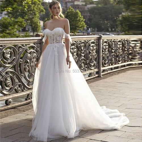 Off the Shoulder A Line Tulle Wedding Dresses White Vestido De Noiva Sweetheart Lace Appliques Zipper Bridal Wedding Gowns