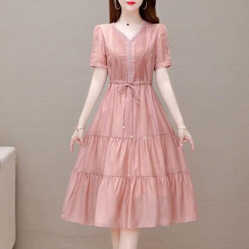 Plus Size Women Pleated Summer Dresses 2021 New V-Neck Cake Patchwork High Waist Short Sleeve Fashion Elegant Female Dress