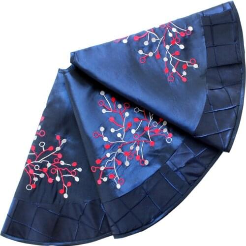 Deluxe Embroidered Red berry with Handcraft Pintuck Border,Extra Large Blue Christmas Tree Skirt-50"/90cm P2830