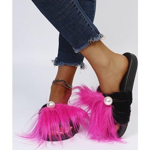 2021 New Style Women Fluffy Plush Fur Pearl Slippers Flats Black Sandals Women Flip Flops Platform Slipper Female Casual Shoes