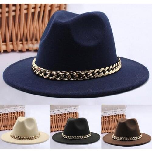 Vintage Elegant Hat Big Chain Wide Brim Autumn Winter Sun Protection All Match Felt Cap for Daily Wear Men Women Hat