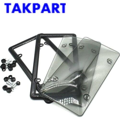TAKPART 2x Dark grey Tinted Smoked License Plate Tag Shield Cover and Frame Auto