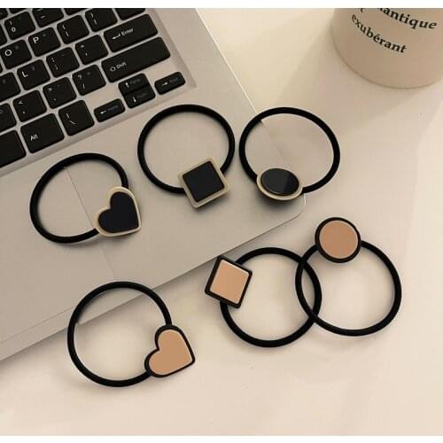 Vintage Geometric Heart Elastic Hair Bands Simple Round Button Hair Ties Black Band Women Ponytail Holder Hair Gum Rope Headwear