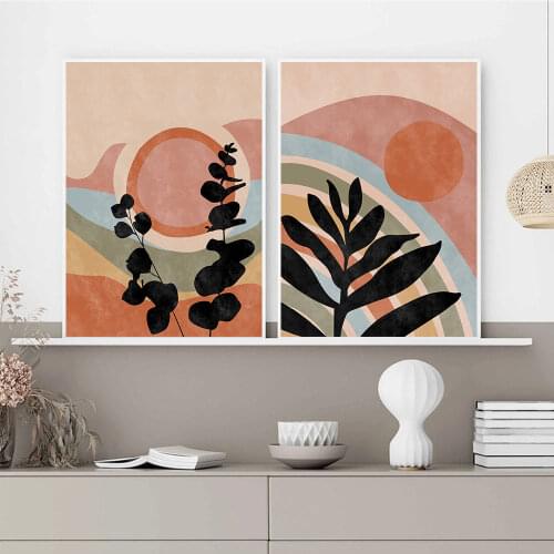 Vintage Boho Leaves Sun Mountain Poster Abstract Landscape Canvas Painting Wall Art Print Pictures Interior Home Decoration