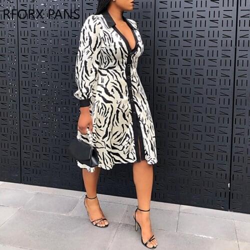 Women Casual Abstract Pattern V neck Long Puff Sleeve button Spring Dresses