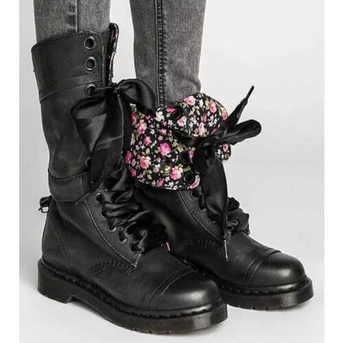 Western 2021 New Mid-Calf Boots Autumn Winter Lace up Flat Shoes Vintage Sexy Steampunk Leather Retro Buckle Ladies Snow Boots