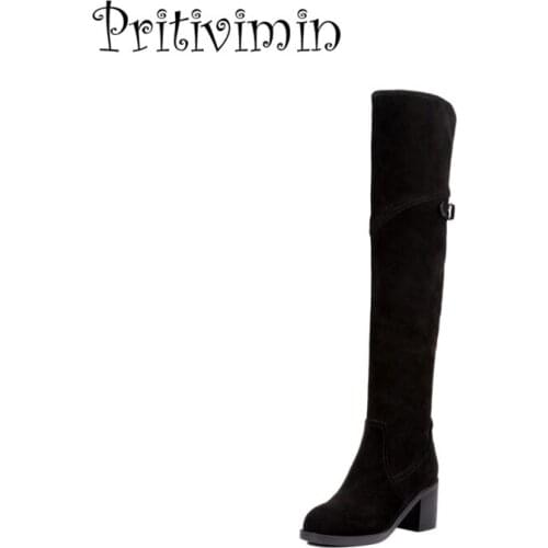 2018 Ladies Fashion winter warm lined boots women botas mujer shoes cow suede black thick high heels long boots pritivimin FN104