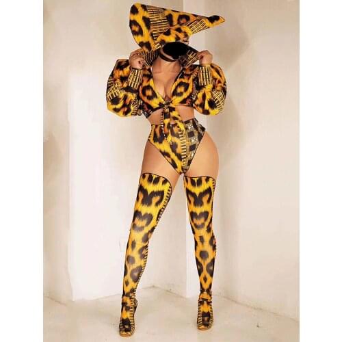 Party Women Dj Costume Leopard Print Bubble Sleeves Bikini Stage Outfit For Singer Costume Pole Dance Festival Clothing VDB3004